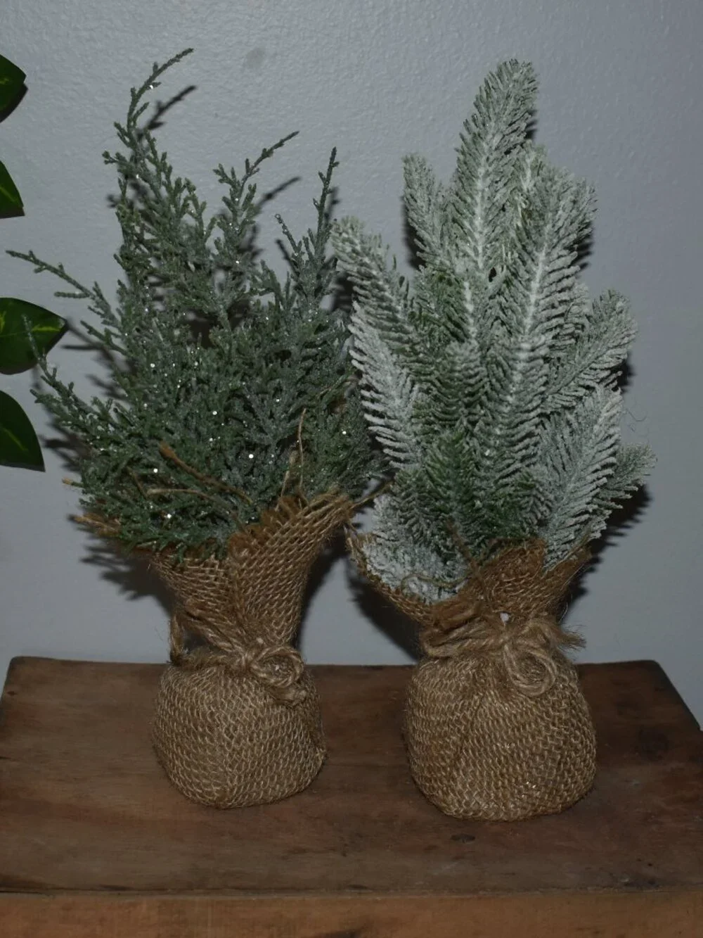 Two Small Mini Winter Holiday Christmas Burlap Tree Rustic Farmhouse Decor